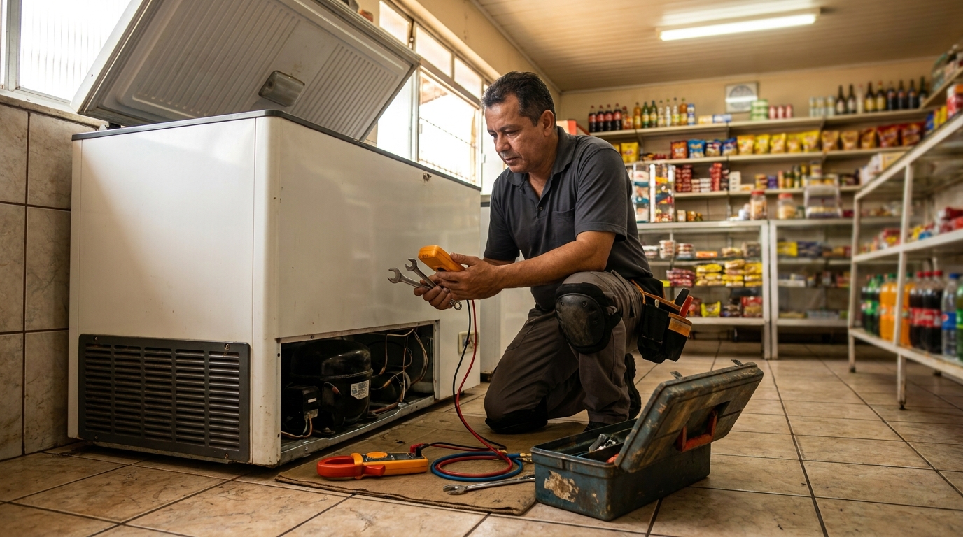 Técnico realizando manutenção de motor de freezer em Praia Grande‑SP