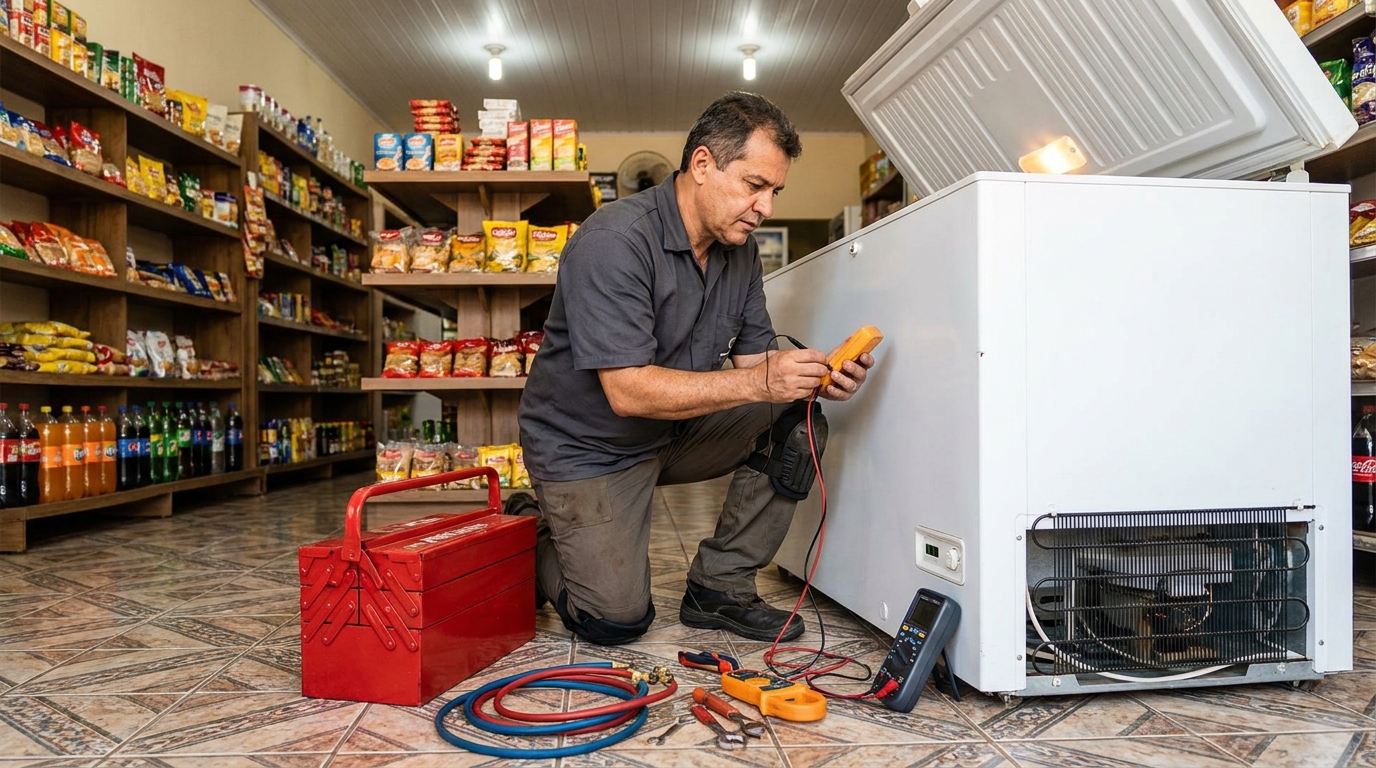 Recarga de gás refrigerante em freezer em atendimento em Praia Grande‑SP